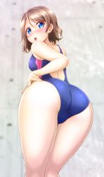 Rule 34 | 10s, 1girl, adjusting clothes, adjusting swimsuit, aqua eyes, ass, blue eyes, blue one-piece swimsuit, blush, breasts, brown hair, ckst, competition swimsuit, embarrassed, highres, kneepits, looking at viewer, looking back, love live!, love live! sunshine!!, medium breasts, one-piece swimsuit, open mouth, short hair, swimsuit, thighs, trefoil, watanabe you