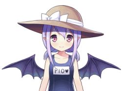 Rule 34 | 1girl, animated, animated gif, bat wings, emofuri, hat, head tilt, long hair, lowres, mauve, one-piece swimsuit, pio (potion maker), pointy ears, potion maker, purple eyes, purple hair, school swimsuit, smile, solo, swimsuit, twintails, upper body, wings