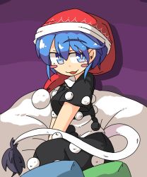 Rule 34 | 1girl, :3, :d, bad id, bad twitter id, blue eyes, blue hair, blush, blush stickers, breasts, doremy sweet, dress, hat, highres, igarashi amura, looking at viewer, matching hair/eyes, medium breasts, naughty face, nightcap, open mouth, pillow, pom pom (clothes), seductive smile, short hair, smile, smug, solo, tail, tapir tail, touhou, v arms
