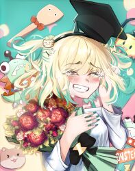 Rule 34 | 1girl, aloidesu, amano pikamee, black bow, black hairband, black headwear, blonde hair, bouquet, bow, clenched teeth, closed eyes, commentary, double bun, english commentary, flower, green background, green hair, green nails, hair between eyes, hair bun, hairband, hat, highres, holding, holding bouquet, mortarboard, multicolored hair, off-shoulder shirt, off shoulder, peony (flower), sharp teeth, shirt, short hair, smile, spatula, tearing up, teeth, tomoe (amano pikamee), two-tone hair, upper body, virtual youtuber, voms, white shirt