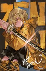 Rule 34 | 1boy, agatsuma zenitsu, black pants, blonde hair, character name, commentary request, contemporary, highres, holding, holding sword, holding weapon, hood, hood down, hooded jacket, jacket, katana, kimetsu no yaiba, knees up, looking at viewer, male focus, mimimikan, pants, reverse grip, shoes, sitting, sneakers, solo, sword, thick eyebrows, weapon, yellow eyes, yellow jacket