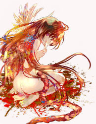 Rule 34 | 1girl, angel wings, arm support, ass, blood, blood splatter, blurry, breasts, brown hair, commentary, completely nude, covering own mouth, dainatsu, depth of field, double exposure, feathers, floating hair, from behind, full body, hand up, holding, holding feather, intestines, light smile, long hair, looking at viewer, looking back, medium breasts, multicolored hair, nude, purple eyes, sayonara wo oshiete, seiza, simple background, single wing, sitting, solo, sugamo mutsuki, white background, wings
