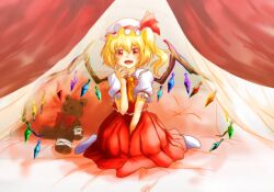 Rule 34 | 1girl, ascot, bed, blonde hair, braid, curtains, flandre scarlet, hat, highres, medium hair, mob cap, on bed, pillow, red ascot, red eyes, shee take, sitting, socks, solo, stuffed animal, stuffed toy, teddy bear, touhou, white socks, wings