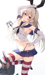 Rule 34 | 1girl, anchor hair ornament, black hairband, black neckerchief, black panties, blonde hair, blue sailor collar, blue skirt, breasts, cowboy shot, crop top, elbow gloves, gloves, grey eyes, hair ornament, hairband, hand on own hip, highleg, highleg panties, highres, kantai collection, long hair, microskirt, midriff, miniskirt, miso (misomiso 154), neckerchief, panties, pleated skirt, rensouhou-chan, sailor collar, shimakaze (kancolle), simple background, skirt, small breasts, solo, standing, standing on one leg, striped clothes, striped thighhighs, thighhighs, underwear, white background, white gloves