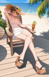 Rule 34 | 1girl, anklet, arm behind head, armpits, artist name, beach, breasts, brown hair, chair, commentary, crossed legs, dress, english commentary, flower, food, fruit, glass, grin, hard-degenerate, hat, hat flower, highres, horizon, iced tea, jewelry, lemon, lemon slice, medium breasts, ocean, overwatch, overwatch 1, partially opaque sunglasses, platform clogs, platform footwear, red eyes, sandals, shadow, shore, short dress, short hair, sitting, smile, solo, spaghetti strap, strap slip, sun hat, sunglasses, table, tan, tanline, tracer (overwatch), tree, white dress