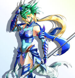 Rule 34 | 1girl, armor, armored skirt, bare shoulders, blonde hair, blue eyes, breastplate, breasts, chiga akira, detached sleeves, dragoon, floating hair, gauntlets, headgear, holding, holding polearm, holding weapon, leotard, medium breasts, original, polearm, ponytail, scale armor, scarf, shadow, sidelocks, simple background, smile, solo, spear, weapon, white background