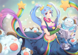 Rule 34 | 1girl, arcade sona, blue hair, blush, breasts, cleavage, closed mouth, collarbone, dakun, hair ornament, hairclip, jewelry, large breasts, league of legends, long hair, looking at viewer, navel, necklace, purple eyes, smile, solo, sona (league of legends), star (symbol), star hair ornament, twintails