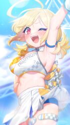 Rule 34 | 1girl, ;d, absurdres, ahoge, arm strap, arm up, bare shoulders, blonde hair, blue archive, blue sky, blush, breasts, cheerleader, cowboy shot, day, gloves, halo, highres, holding, holding pom poms, ko toad, kotori (blue archive), kotori (cheer squad) (blue archive), large breasts, looking at viewer, midriff, millennium cheerleader outfit (blue archive), miniskirt, muffin top, navel, official alternate costume, one eye closed, open mouth, outdoors, pom pom (cheerleading), pom poms, red eyes, short twintails, skirt, sky, smile, solo, sports bra, stadium, standing, stomach, teeth, thigh strap, triangle halo, twintails, two-tone sports bra, white skirt, yellow halo
