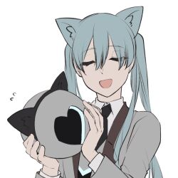 Rule 34 | 1girl, animal ears, black necktie, blue hair, cat ears, cat girl, closed eyes, collared shirt, commentary request, e.g.o (project moon), employee (project moon), flying sweatdrops, grey jacket, grey vest, heart, holding orb, jacket, light blue hair, lobotomy corporation, long hair, long sleeves, necktie, open clothes, open jacket, open mouth, project moon, shirt, simple background, smile, sumuna sunaco, twintails, vest, white background, white shirt