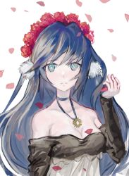 Rule 34 | 1girl, alternate costume, arknights, astesia (arknights), black shirt, blue choker, blue eyes, blue hair, breasts, choker, cleavage, flower, hand up, head wreath, highres, jewelry, long hair, long sleeves, looking at viewer, medium breasts, off-shoulder shirt, off shoulder, pendant, petals, red flower, shiiirooo, shirt, simple background, solo, upper body, white background