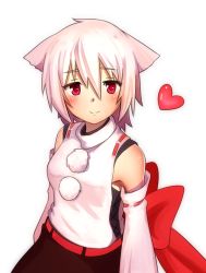 Rule 34 | 1girl, animal ears, blush, breasts, detached sleeves, dominico, heart, inubashiri momiji, looking at viewer, lovestruck, pink hair, pom pom (clothes), red eyes, ribbon, ribbon-trimmed sleeves, ribbon trim, short hair, silver hair, simple background, small breasts, smile, solo, touhou, white background, wolf ears