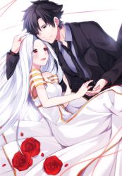 Rule 34 | 1boy, 1girl, :d, black eyes, black hair, black jacket, black necktie, coat, dress, emiya kiritsugu, eye contact, fate/zero, fate (series), flower, from above, grey shirt, hair between eyes, hand on another&#039;s head, irisviel von einzbern, irisviel von einzbern (angel&#039;s song), jacket, juugonichi (wheeliex2), long hair, looking at another, lying, necktie, on side, open mouth, red eyes, red flower, red ribbon, ribbon, shirt, silver hair, sleeveless, sleeveless dress, smile, trench coat, very long hair, white dress