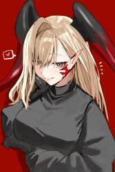 Rule 34 | 1girl, black gloves, black horns, black sweater, blonde hair, breasts, fang, fangs, fate/grand order, fate (series), gloves, hand on own face, heart, highres, horn/wood, horns, large breasts, long hair, looking at viewer, nero claudius (fate), nero claudius (fate) (all), pointy ears, queen draco (fate), queen draco (third ascension) (fate), red background, red eyes, skin fang, smile, solo, spoken heart, sweater, upper body