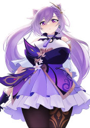 Rule 34 | alternate breast size, black pantyhose, breasts, collared shirt, cone hair bun, cowboy shot, double bun, frilled skirt, frilled sleeves, frills, genshin impact, gooak, hair bun, highres, keqing (genshin impact), large breasts, looking at viewer, pantyhose, purple eyes, purple hair, shirt, simple background, skirt, solo, twintails, white background, wing collar