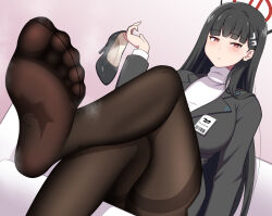 Rule 34 | 1girl, black hair, blue archive, blush, crossed legs, feet, j-kisarazu, long hair, looking at viewer, pantyhose, parted lips, red eyes, rio (blue archive), shoes, unworn shoes, single shoe, soles, steam, toes