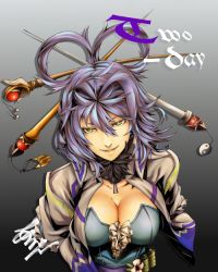 1girl aqua_dress arikanrobo breasts cleavage dress female_focus hair_ornament hair_rings hair_stick kaku_seiga large_breasts looking_at_viewer marker_(medium) open_clothes open_mouth open_vest purple_hair sash smile solo touhou traditional_media vest yellow_eyes