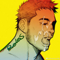 Rule 34 | 1boy, bara, cum, cum string, facial, facial hair, from side, highres, implied yaoi, male focus, mature male, multiple monochrome, muscular, muscular male, open mouth, original, portrait, powerlesssong, short hair, sideburns, simple background, solo, spiked hair, stubble, thick eyebrows, weibo logo, weibo watermark, yellow background