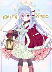 Rule 34 | 1girl, :o, black pantyhose, blue hair, blush, boots, bow, brown footwear, christmas, cloak, commentary request, dress, fur-trimmed cloak, fur trim, hair between eyes, holding, holding lantern, knee boots, lala tramont, lantern, layered dress, looking at viewer, merry christmas, mittens, original, pantyhose, parted lips, pink mittens, pleated dress, purple eyes, red bow, red cloak, solo, star (symbol), white dress, yuuki rika