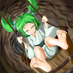Rule 34 | 1girl, antenna hair, barefoot, breasts, bucket, cleavage, collarbone, closed eyes, feet, female focus, green hair, hair bobbles, hair ornament, in bucket, in container, kisume, long sleeves, nori nori ex, short hair, small breasts, soles, solo, toes, touhou, twintails, wide sleeves