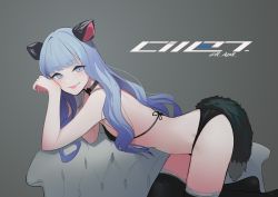 Rule 34 | 1girl, absurdres, all fours, animal ears, bikini, black bikini, black thighhighs, blue eyes, blue hair, blush, cat ears, cat tail, collar, fake animal ears, fami (yellow skies), flat chest, from side, grey background, halterneck, hands up, highres, long hair, looking at viewer, open mouth, original, parted lips, real life, simple background, smile, solo, straddling, swimsuit, tail, thighhighs, thighs, tsurime, twitter username, wavy hair