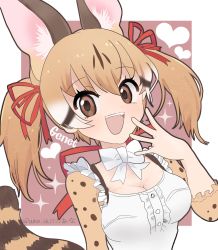 Rule 34 | 1girl, aina sk1221, blush, bow, bowtie, brown eyes, center frills, commentary request, frilled sleeves, frilled straps, frills, genet ears, genet girl, genet print, genet tail, hair bow, highres, kemono friends, kemono friends v project, large-spotted genet (kemono friends), looking at viewer, print sleeves, red bow, shirt, short twintails, solo, twintails, upper body, virtual youtuber, white bow, white bowtie, white shirt
