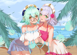 Rule 34 | 2girls, absurdres, ai dongdong, bare shoulders, beach, blush, braid, breasts, collarbone, frills, genshin impact, glasses, green eyes, green hair, hair ornament, highres, holding hands, large breasts, looking at viewer, miniskirt, multiple girls, noelle (genshin impact), ocean, outdoors, palm tree, short hair, silver hair, skirt, slime (creature), standing, sucrose (genshin impact), swimsuit, tree, yellow eyes