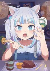 Rule 34 | 1girl, animal ears, blue eyes, blue hair, blue overalls, candle, carrot, cat ears, crumbs, eating, food, food in mouth, food on face, fork, gawr gura, gawr gura (casual), highres, holding, holding fork, hololive, hololive english, ice cream, indoors, kaela kovalskia, kemonomimi mode, knife, looking at viewer, mint chocolate, multicolored hair, official alternate costume, open mouth, oreo, overalls, plate, rarumi9, restaurant, sharp teeth, short sleeves, sitting, smol gura, solo, steak, teeth, upper body, virtual youtuber, white hair