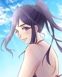 Rule 34 | 1girl, artist name, artist request, attang, bare shoulders, bikini, blue bikini, blue hair, blue sky, blush, bow, bow bikini, breasts, cleavage, cloud, collarbone, day, female focus, front-tie bikini top, front-tie top, hair between eyes, halterneck, high ponytail, long hair, looking at viewer, looking back, love live!, love live! school idol festival, love live! sunshine!!, matsuura kanan, outdoors, parted lips, ponytail, purple eyes, side-tie bikini bottom, sky, smile, solo, striped bikini, striped bikini top, striped clothes, swimsuit, upper body