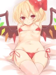Rule 34 | 1girl, bad id, bad pixiv id, bare shoulders, bed, bikini, blush, bow, covered erect nipples, flandre scarlet, hair bow, hip focus, micro bikini, navel, nipples, on bed, paragasu (parags112), pink thighhighs, red bikini, red eyes, shiny skin, side-tie bikini bottom, smile, solo, swimsuit, thighhighs, touhou, white thighhighs, wide hips, wings