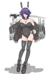 Rule 34 | 1girl, 30-06, adapted costume, adapted turret, angry, animal ears, anti-aircraft, anti-aircraft gun, black gloves, black jacket, black leotard, bow, bowtie, breasts, cannon, checkered necktie, cleavage, covered navel, detached collar, eyepatch, fake animal ears, full body, fur-trimmed jacket, fur trim, gloves, hair between eyes, headgear, highres, jacket, kantai collection, large breasts, leotard, looking at viewer, machinery, necktie, partially fingerless gloves, playboy bunny, purple hair, rabbit ears, shadow, short hair, side-tie leotard, simple background, solo, strapless, strapless leotard, sword, tenryuu (kancolle), tenryuu kai ni (kancolle), thighhighs, traditional bowtie, turret, weapon, white background, wrist cuffs, yellow eyes