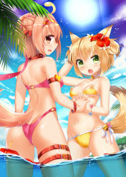 Rule 34 | 2girls, animal ears, ass, bell, bikini, blonde hair, blush, breasts, brown eyes, brown hair, butt crack, cameltoe, choker, collar, day, fang, fox ears, fox tail, green eyes, hair bun, heart, heart-shaped pupils, highres, holding hands, leash, looking at viewer, medium breasts, multiple girls, mvv, navel, neck bell, open mouth, original, outdoors, short hair, single hair bun, small breasts, swimsuit, symbol-shaped pupils, tail, wading, water