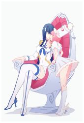 Rule 34 | 10s, 2girls, age difference, ankle wings, black hair, boots, chair, dress, closed eyes, hand on another&#039;s face, hat, height difference, high heel boots, high heels, highres, jakuzure nonon, junketsu, kill la kill, kiryuuin satsuki, kiss, crossed legs, long hair, multiple girls, pink hair, sako (namocake), shako cap, shoes, short hair, sidelocks, sitting, thigh boots, thighhighs, throne, uniform, winged footwear, winged hat, wings, yuri