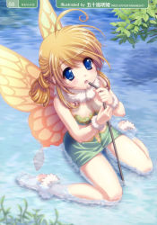 Rule 34 | 1girl, absurdres, ahoge, anklet, artist request, barefoot, blonde hair, blue eyes, bracelet, breasts, butterfly wings, choker, cleavage, day, drinking straw, feet, from above, fur, highres, igarashi aki, insect wings, jewelry, kneeling, looking up, midriff, miniskirt, nature, non-web source, open mouth, outdoors, scan, sitting, skirt, soles, solo, submerged, wariza, water, wings