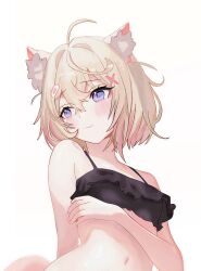 Rule 34 | 1girl, absurdres, ahoge, animal ear fluff, animal ears, arm behind back, blonde hair, blue eyes, blush, dog ears, dog girl, flat chest, hair ornament, highres, hololive, hololive english, looking to the side, mococo abyssgard, napat, navel, short hair, simple background, solo, upper body, virtual youtuber, white background, x hair ornament