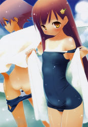 Rule 34 | 2girls, absurdres, ass, bare shoulders, blue eyes, blush, bottomless, brown hair, chain-link fence, clothes pull, cloud, day, fence, flat chest, gayarou, hair ornament, hairclip, highres, long hair, multiple girls, one-piece swimsuit, one-piece swimsuit pull, one-piece tan, pool, poolside, purple hair, school swimsuit, short hair, smile, swimsuit, tan, tanline, towel, undressing, yellow eyes