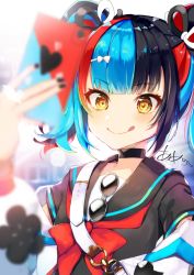 Rule 34 | 1girl, :q, ameshizuku natsuki, black hair, black sailor collar, black shirt, blue hair, blurry, blurry background, blurry foreground, blush, bow, brown eyes, cellphone, closed mouth, commentary request, depth of field, eyewear hang, unworn eyewear, fate/grand order, fate (series), hair bow, hair ornament, hairclip, holding, holding phone, jacket, long sleeves, multicolored hair, nail polish, off shoulder, open clothes, open jacket, phone, puffy long sleeves, puffy sleeves, red bow, red hair, sailor collar, sei shounagon (fate), shirt, signature, smile, solo, sunglasses, tongue, tongue out, twintails, two-tone hair, white bow, white jacket, yellow eyes