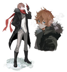 Rule 34 | 1boy, black coat, black footwear, black gloves, blue eyes, boots, breath, closed mouth, coat, earrings, fur-trimmed coat, fur trim, genshin impact, gloves, hair between eyes, hand in pocket, highres, holding, holding mask, jacket, jewelry, male focus, mask, open clothes, open coat, pants, parted lips, red scarf, scarf, simple background, single earring, standing, tartaglia (genshin impact), twitter username, ueauwa, vision (genshin impact)