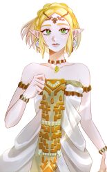 Rule 34 | 1girl, absurdres, armlet, bare shoulders, blonde hair, bracelet, braid, breasts, collarbone, crown braid, dress, earrings, green eyes, grey dress, hair ornament, hand up, highres, jewelry, looking at viewer, multicolored clothes, multicolored dress, necklace, nintendo, parted bangs, pointy ears, princess zelda, short hair, small breasts, solo, strapless, strapless dress, the legend of zelda, the legend of zelda: tears of the kingdom, tonta (tonta4u)