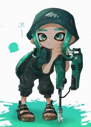 Rule 34 | 1boy, brown footwear, commentary request, dot nose, glint, green eyes, green hair, green hat, gun, hat, holding, holding gun, holding weapon, hwtr 06, ink tank (splatoon), jet squelcher (splatoon), leaning forward, medium hair, nintendo, octoling, octoling boy, octoling player character, paint splatter, pout, solo, splatoon (series), strap, thick eyebrows, weapon, white background