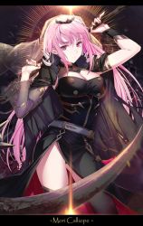 Rule 34 | 1girl, armlet, belt, black cloak, black dress, black nails, black panties, black thighhighs, breasts, center opening, character name, cleavage, cloak, closed mouth, commentary, contrapposto, cowboy shot, dress, expressionless, gold trim, highres, holding, holding scythe, hololive, hololive english, large breasts, letterboxed, light rays, long hair, looking at viewer, mori calliope, nail polish, ogamikeito, panties, panty peek, pink eyes, pink hair, scythe, see-through, see-through sleeves, side slit, single sleeve, solo, spikes, tassel, thighhighs, thighs, tiara, underwear, vambraces, veil, virtual youtuber, white belt
