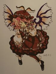 Rule 34 | 1girl, animal ears, bird ears, bird wings, black footwear, blush, brown dress, brown eyes, brown hat, brown nails, brown thighhighs, collared shirt, dated, dress, earrings, fingernails, frilled dress, frills, full body, furiba 794, hat, highres, jewelry, long fingernails, long sleeves, mystia lorelei, nail polish, one eye closed, open mouth, pink hair, sharp fingernails, shirt, shoes, short hair, single earring, sleeve garter, smile, solo, thighhighs, touhou, traditional media, white shirt, white wings, winged footwear, winged hat, wings