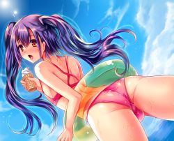 Rule 34 | 1boy, androgynous, ass, beach, bikini, blush, brown eyes, bulge, cloud, crossdressing, day, dutch angle, food, from behind, ice cream, ice cream cone, innertube, long hair, looking back, male focus, ocean, open mouth, original, outdoors, pink bikini, purple hair, shimaji, sky, solo, standing, swim ring, swimsuit, tongue, tongue out, trap, twintails, water