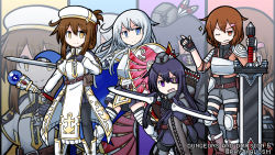 Rule 34 | 4girls, ;), akatsuki (kancolle), archery, armor, armored boots, armored dress, arrow (projectile), artist name, belt, belt buckle, black gloves, blade, blue eyes, boots, bow (weapon), breastplate, broadsword, brown belt, brown footwear, brown hair, buckle, cape, character name, closed mouth, commentary request, cross-laced footwear, dungeons &amp; dragons, emblem, eyepatch, fingerless gloves, folded ponytail, fur-trimmed boots, fur trim, gauntlets, gem, gloves, greatsword, grey footwear, grey hat, grey legwear, hair between eyes, hair ornament, hairclip, hat, hat feather, hibiki (kancolle), highres, holding, holding bow (weapon), holding shield, holding staff, holding sword, holding weapon, ikazuchi (kancolle), inazuma (kancolle), kantai collection, knight, lace-up boots, long hair, looking at viewer, mini hat, multiple girls, on one knee, one eye closed, open mouth, paladin, pantyhose, parted lips, purple eyes, purple hair, quiver, raythalosm, robe, shield, short hair, shoulder armor, silver hair, skirt, smile, sparkle, staff, sword, thigh boots, thighhighs, twitter username, v-shaped eyebrows, very long hair, wavy mouth, weapon, yellow eyes