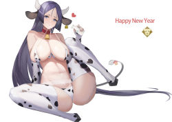 Rule 34 | 1girl, absurdres, afpl (parrotz4), animal ears, animal print, bare shoulders, bell, bikini, blush, breasts, cleavage, cow ears, cow print, ear tag, fate/grand order, fate (series), happy new year, highres, horns, large breasts, long hair, looking at viewer, minamoto no raikou (fate), mouth hold, new year, parted bangs, print thighhighs, purple eyes, purple hair, simple background, sitting, smile, solo, spread legs, strap lift, swimsuit, tail, thighhighs, very long hair, white background
