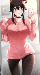 Rule 34 | 1girl, akchu, black choker, black hair, black legwear, black nails, blouse, blurry, blurry background, blush, breasts, brown eyes, chobi (akchu), choker, clothes pull, collarbone, commentary request, hair between eyes, hair ribbon, hand up, highres, large breasts, looking at phone, looking to the side, mirror, nail polish, original, pajamas challenge, pants, parted lips, phone, picture frame, pink shirt, pink sweater, ribbon, selfie, shirt, sidelocks, skin tight, standing, sweater, wide hips, yoga pants