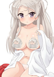 Rule 34 | 1girl, blush, breasts, censored, censored nipples, character censor, cleavage, closed mouth, unworn clothes, collarbone, conte di cavour (kancolle), hakama, hakama removed, japanese clothes, junes, kantai collection, large breasts, long hair, long sleeves, miko, navel, novelty censor, official alternate costume, pout, purple eyes, red hakama, silver hair, simple background, socks, solo, underwear, white background, white socks, wide sleeves