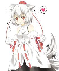 Rule 34 | 1girl, :3, animal ears, bad id, bad pixiv id, bare shoulders, detached sleeves, drooling, female focus, hands in opposite sleeves, hat, heart, inubashiri momiji, kanyappe, red eyes, short hair, silver hair, solo, tail, tail wagging, tokin hat, touhou, white background, wolf ears, wolf tail