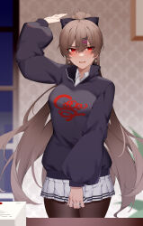 Rule 34 | 1girl, absurdres, arm up, azur lane, blurry, blush, bow, breasts, brown hair, casual, chinese commentary, collared shirt, commentary request, cowboy shot, depth of field, earrings, hair between eyes, hair bow, hair ornament, hairclip, highres, hood, hoodie, indoors, jean bart (azur lane), jewelry, long hair, long sleeves, looking at mirror, medium breasts, miniskirt, mirror, open mouth, pantyhose, pleated skirt, ponytail, print hoodie, red eyes, ring, shirt, skirt, skirt tug, solo, very long hair, wing collar, wsfw