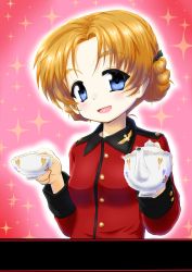 Rule 34 | 1girl, absurdres, bad id, bad twitter id, black ribbon, blue eyes, braid, commentary, cup, daxz240r, epaulettes, girls und panzer, hair ribbon, highres, holding, holding cup, holding teapot, insignia, jacket, long sleeves, looking at viewer, military, military uniform, open mouth, orange hair, orange pekoe (girls und panzer), parted bangs, red jacket, ribbon, short hair, smile, solo, sparkle, st. gloriana&#039;s military uniform, teacup, teapot, twin braids, uniform, upper body