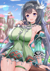 1girl arm_support bird_hair_ornament black_hair blue_eyes blue_sky blush bracelet breasts cloud commentary_request curvy day detached_sleeves dress genshin_impact green_dress hair_ornament hairband highres jewelry lan_yan_(genshin_impact) large_breasts long_hair looking_at_viewer open_mouth outdoors rock sidelocks sky smile solo twintails very_long_hair xenon_(for_achieve)